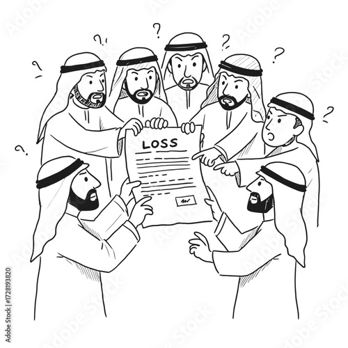Group of men in traditional clothing discussing a document with the word loss.
