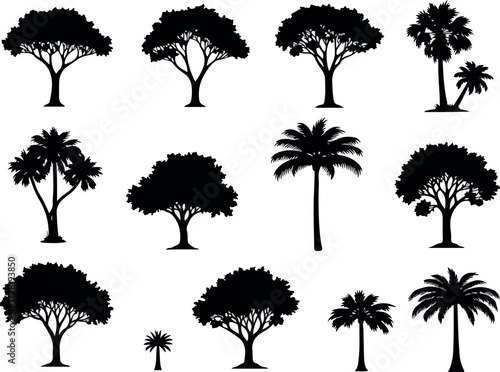 Silhouettes of various trees showcasing diverse shapes and forms in nature.