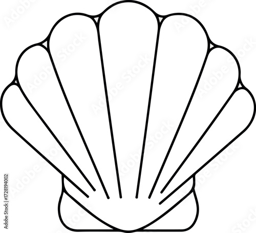 Simple black and white illustration of a scallop seashell design.