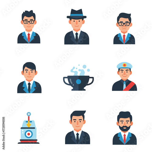 Collection of vector illustrations featuring diverse male figures and a trophy cup.