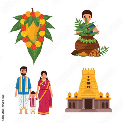 Illustrations showcasing elements of a South Indian cultural celebration, including people, decorations, and a temple.