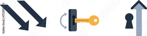 Key unlocking door upward arrow and descending arrows concept.