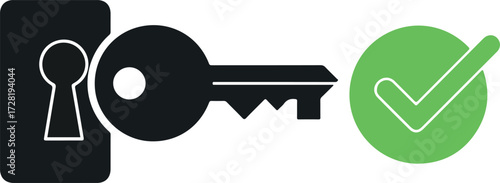 Key unlocking success with a green checkmark symbol.