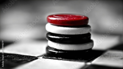 Red checker piece stacked on checkerboard