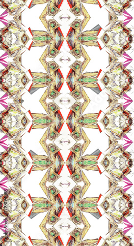 Intricate symmetrical design with vibrant colors and complex patterns.