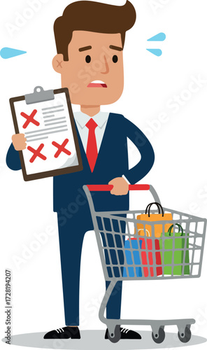 Man with shopping cart and checklist looks stressed and worried.