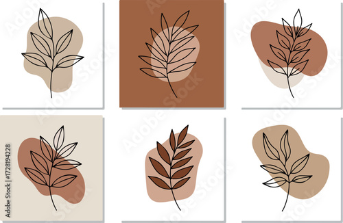 Minimalist botanical art featuring elegant leaf illustrations in earthy tones.