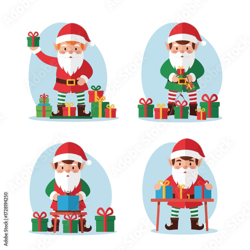 Four Christmas elves are shown with gifts, wrapping presents, and wearing red and green outfits.