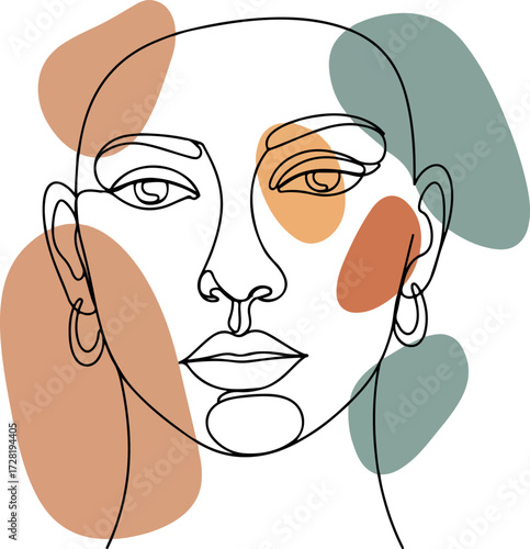 Minimalist line art portrait of a woman with abstract color accents.