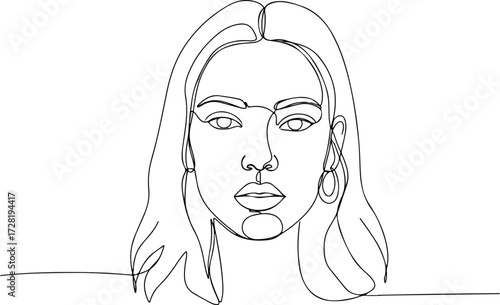Minimalist line drawing of a womans face with long hair.