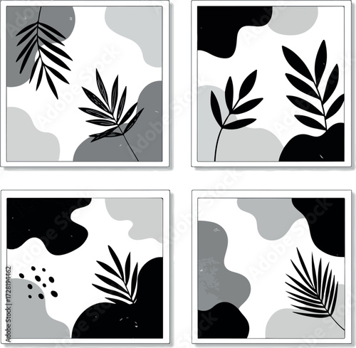 Monochrome botanical art prints with abstract shapes and leaves.
