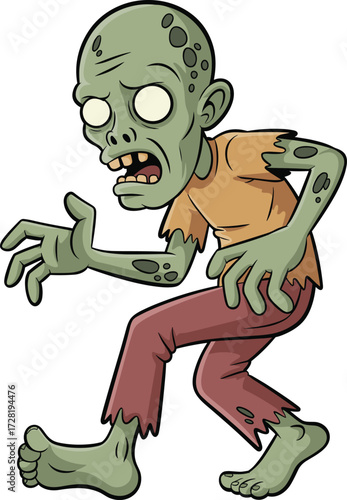 Cartoon zombie, green skin, tattered clothes, scary monster, Halloween theme, vector art, creepy character, horror design, undead creature, walking pose