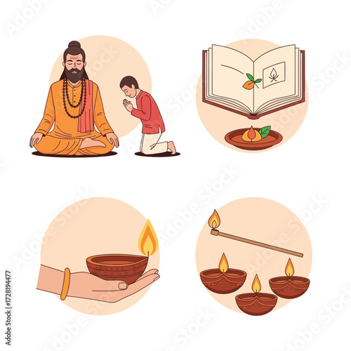 Illustration showing a guru meditating, a student bowing, an open book, a hand holding a diya, and diyas being lit.