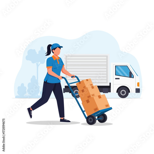 A delivery worker is pushing a hand truck loaded with boxes near a truck.