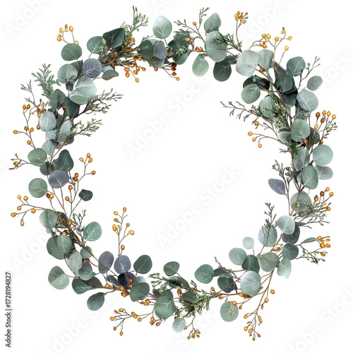 Elegant Eucalyptus Wreath Green Gold Botanical Decor isolated on a white background