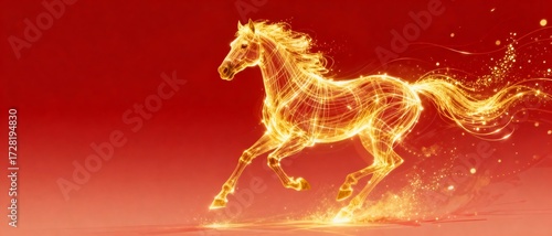 Golden horse running on red background
