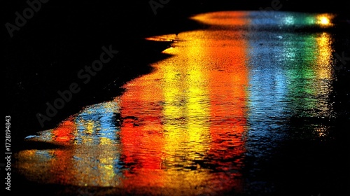 Vibrant and colorful city reflections on water surface du night illuminated by neon and streetlights