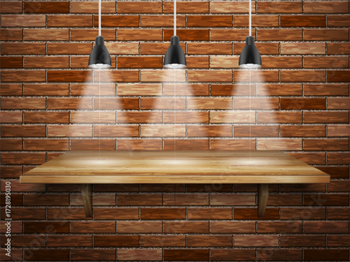 Wooden shelf and lights on brick wall