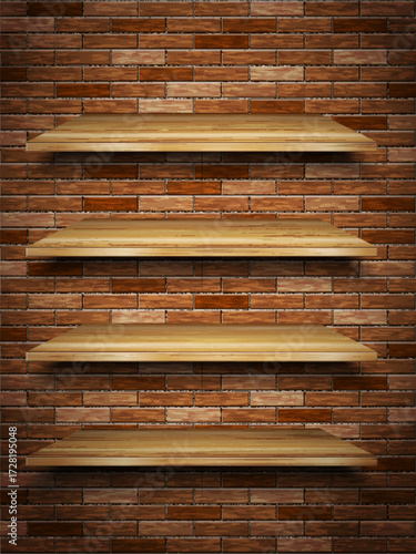 Wooden shelves on brick wall