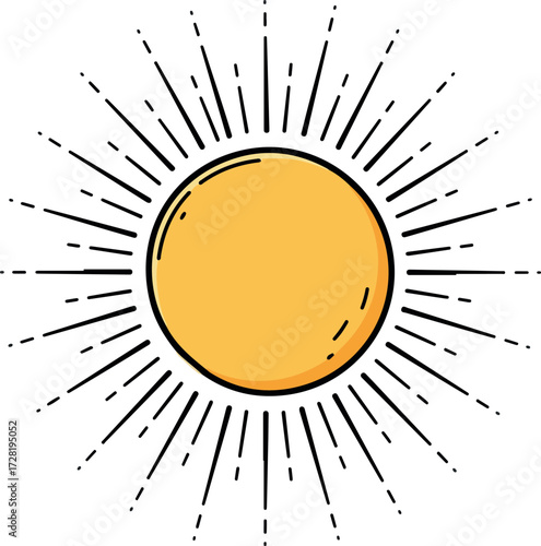 Radiant sun illustration with black rays and yellow center simple design.