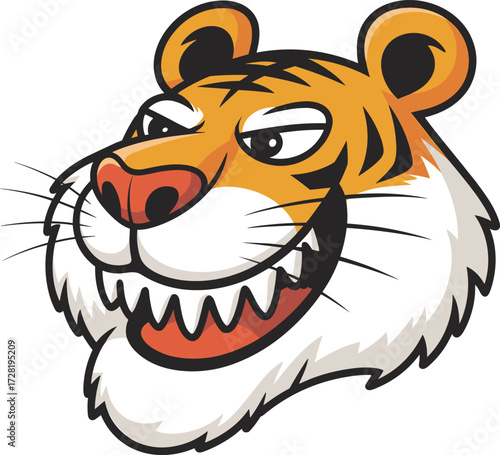 Fierce cartoon tiger head mascot, aggressive expression, sharp teeth, bold stripes, animated animal design, vector artwork, logo style, digital drawing