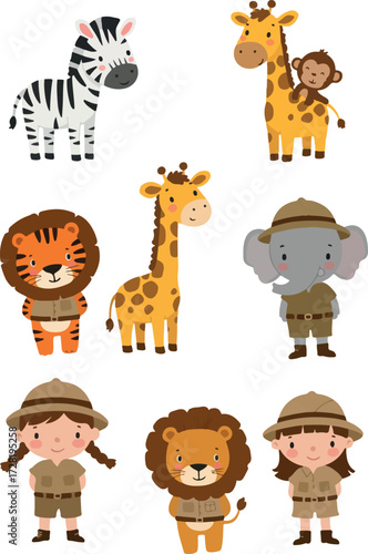 Safari Animals and Explorers Cartoon Illustration Set for Education.