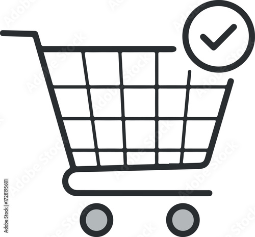 Shopping cart icon with checkmark symbol representing completed purchase.