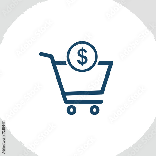 Shopping cart icon with dollar sign representing online purchases and transactions.