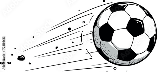 Soccer ball in motion with speed lines and particles.