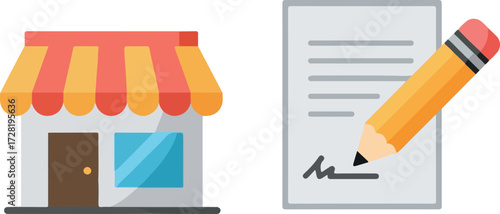 Shop and contract signing with pencil for business agreement.