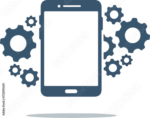Smartphone surrounded by gears representing technology and innovation in digital world.
