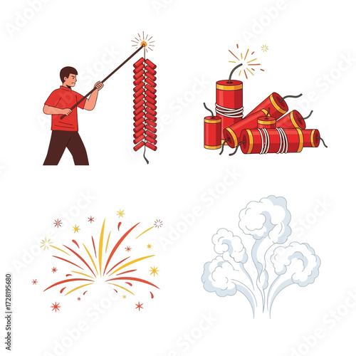 Illustration showing a man lighting firecrackers with a stick, along with other firecracker and firework elements.