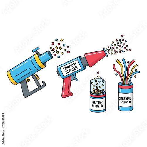 Illustration of confetti blaster, glitter shower, and streamer popper party favors on a white background.