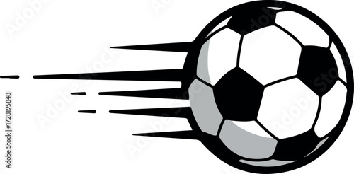 Soccer ball in motion with speed lines black and white design.