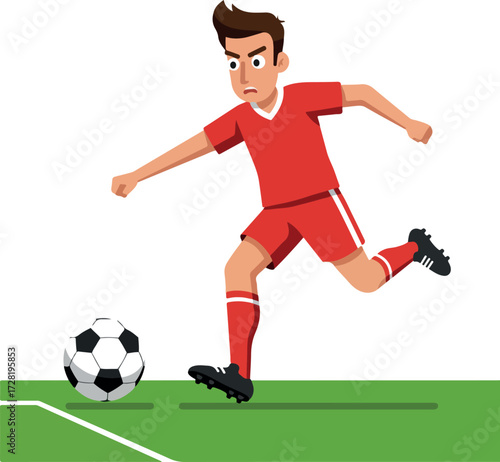 Soccer player in red uniform kicking the ball on the field.