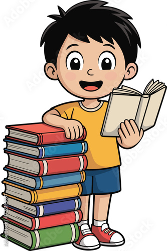 Smiling cartoon child holding book, colorful stack of books beside, educational reading concept, kids learning illustration, literacy theme, digital drawing