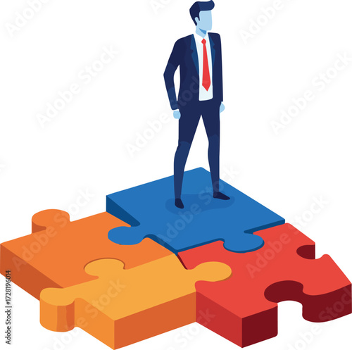 Successful businessman standing on puzzle pieces representing teamwork and strategy.