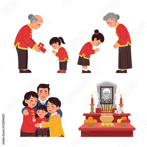 Illustrations depicting a Chinese family celebrating traditions, including gift-giving and ancestor veneration.