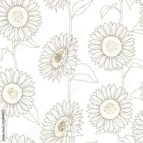 Sunflower pattern illustration on white background floral design artistic drawing.