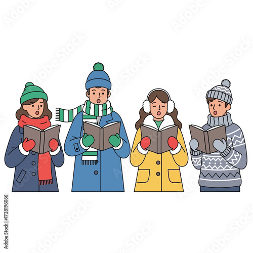 A group of four people singing carols together, bundled up in winter attire.