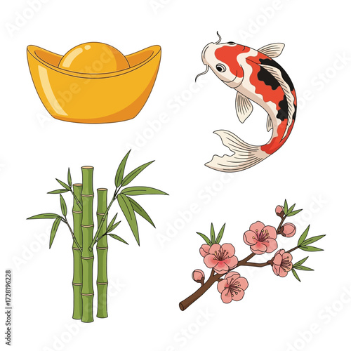 A collection of four illustrations featuring a gold ingot, koi fish, bamboo, and blossoming branch.