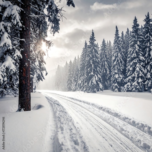 Sunlit winter path through snow-covered pine forest