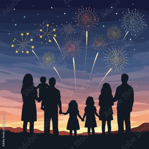 Silhouetted family watches a colorful fireworks display against a twilight sky.