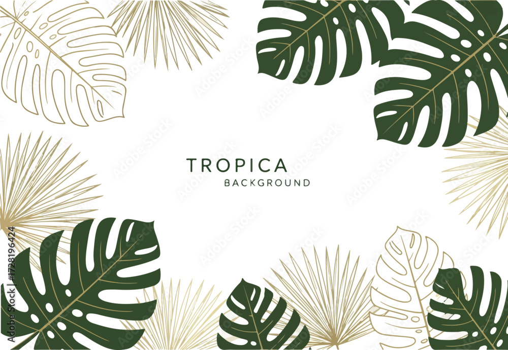 Naklejka premium Tropical Leaves Background Design with Green and Gold Colors.