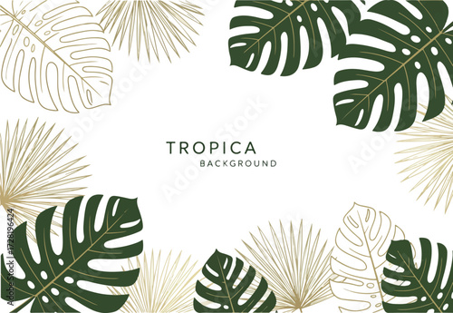 Tropical Leaves Background Design with Green and Gold Colors.