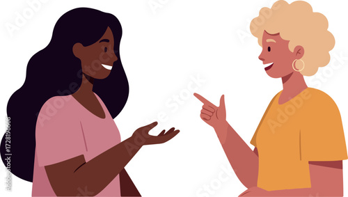 Two women conversing and gesturing in a friendly and animated discussion.