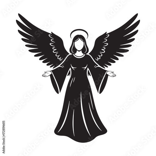 Stylized Christmas Day black and white silhouette of an angel with outstretched wings and a halo vector illustration