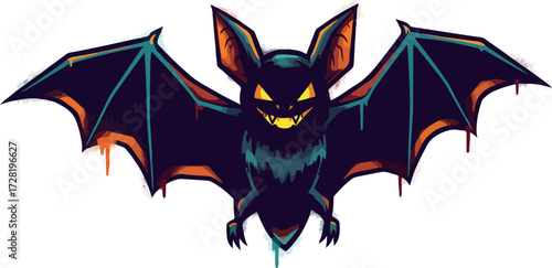 Spooky bat with glowing eyes and outstretched wings ready to fly.