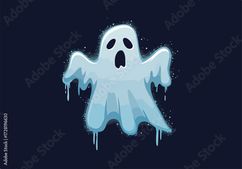 Spooky ghost illustration with a surprised expression and dripping effect.