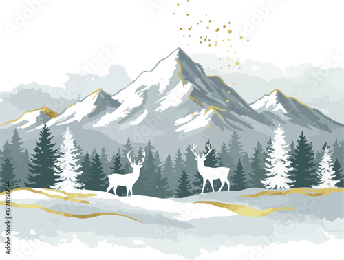 Two white deer standing in a snowy winter landscape with mountains.